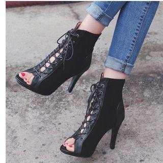 Faux Leather Lace Up Peep-toe High-heel Ankle Boots