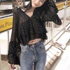 Long-sleeve Dotted Cropped Chiffon Blouse Black - One Size
