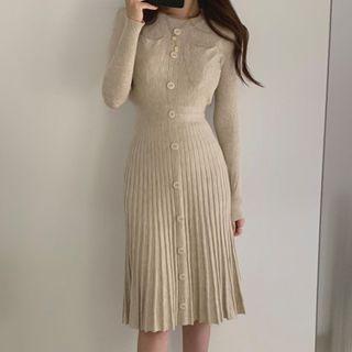 Buttoned Accordion Pleat Knit Dress