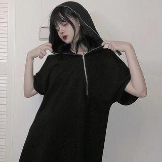Short-sleeve Hooded Mini A-line Dress Black - One Size