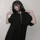 Short-sleeve Hooded Mini A-line Dress Black - One Size