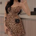 Spaghetti Strap Leopard Print Mini A-line Dress Leopard - Almond - One Size