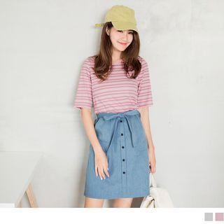 Short Sleeve Striped Panel Denim Dress
