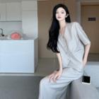 Set: Elbow-sleeve V-neck Light Blazer + Midi Skirt