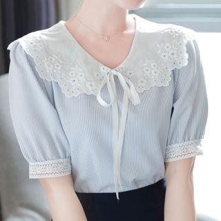 Beribboned Eyelet-lace Stripe Top