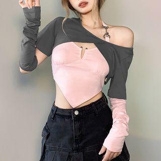 Set: Halter Crop Tank Top + Short-sleeve Shrug + Arm Sleeves