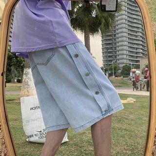 Button Detail Drawstring Wide Leg Denim Shorts