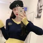 Color Block Lettering Knit Top Navy Blue - One Size