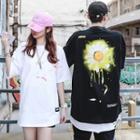 Couple Matching Daisy Graffiti Print Elbow-sleeve T-shirt
