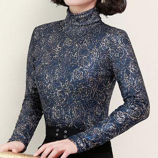 Long-sleeve Turtleneck Print Top