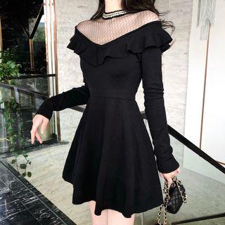 Long-sleeve Panel Knit A-line Dress As Shown In Figure - One Size