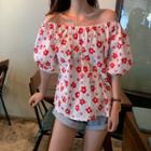 Off-shoulder Printed Lantern Sleeve Top Red - One Size