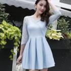 3/4-sleeve Lace-panel A-line Dress