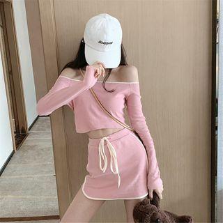 Off-shoulder Top + Drawstring Skirt Pink - One Size