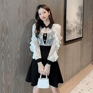 Long-sleeve Ruffled Lace Mini A-line Dress
