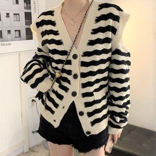 Striped Cut-out Cardigan Stripes - Black & Almond - One Size