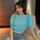Short-sleeve Embroidered Button Cardigan Blue - One Size
