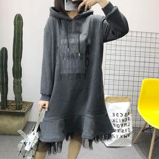 Long-sleeve Sheer Panel Hooded A-line Midi Dress