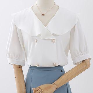 Short-sleeve Sailor Collar Faux Pearl Blouse