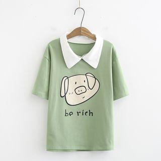 Pig Print Collared Short-sleeve T-shirt