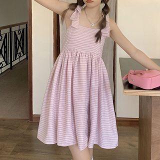 Wide Strap Gingham Mini A-line Dress