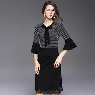 Elbow-sleeve Paneled Striped Dress