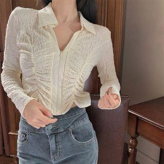 V-neck Zipper Ruched Blouse