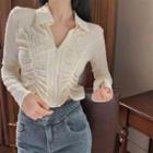 V-neck Zipper Ruched Blouse