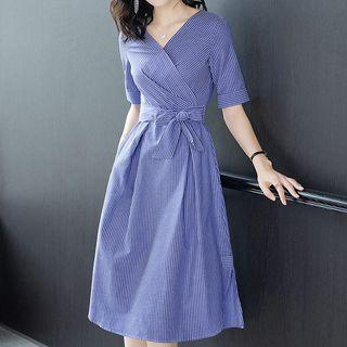 Pinstriped Elbow-sleeve Midi A-line Dress