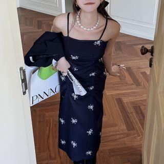 Spaghetti Strap Floral Print Midi Sheath Dress / Double-breasted Cropped Blazer