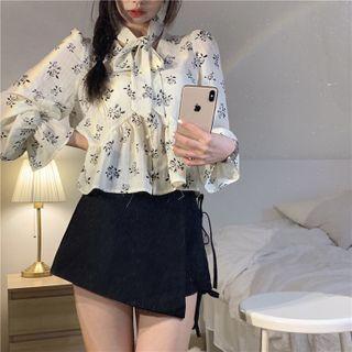 Bow-neck Floral Blouse Floral - White - One Size