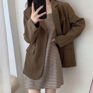 Single-breasted Blazer / Spaghetti Strap Check Mini Sheath Dress