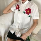 Short-sleeve Flower Printed Shirt White - One Size
