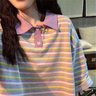 Elbow-sleeve Striped Polo Shirt Stripe - Purple - One Size