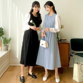 Contrast-sleeve A-line Long Dress