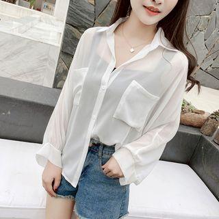 Long-sleeve Chiffon Blouse White - One Size