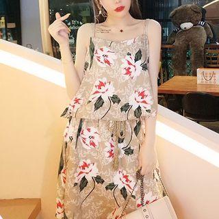 Mock Two-piece Flower Print Spaghetti Strap Dress