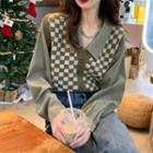 Mock Two-piece Checkerboard Knit Panel Blouse