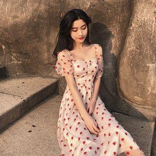 Short-sleeve Embroidered Strawberry Mesh A-line Midi Dress