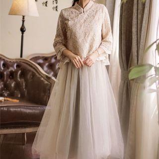 Set: Lace Qipao Top + Mesh Dress