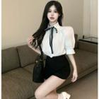 Puff-sleeve Ribbon Shirt / High-waist Shorts