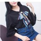 Frilled Elbow-sleeve Bow Accent T-shirt