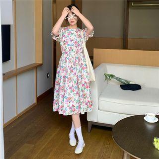Puff-sleeve Floral Midi A-line Dress Pink & Blue & Green & White - One Size