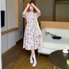 Puff-sleeve Floral Midi A-line Dress Pink & Blue & Green & White - One Size