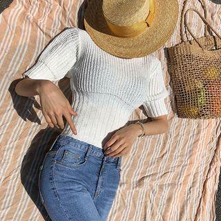 Puff-sleeve Tube-hem Rib Knit Top