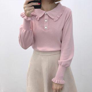 Half Placket Puff-sleeve Knit Top