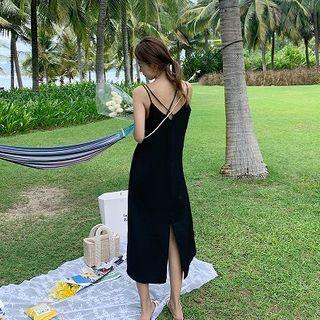 Spaghetti Strap Slit Midi A-line Dress / Plain Long-sleeve Blouse
