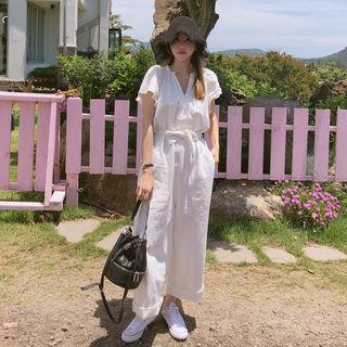 Open-placket Flutter-sleeve Linen Blend Jumpsuit With Sash Ivory - One Size