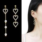 Non-matching Rhinestone Heart Faux Pearl Dangle Earring 1 Pair - Sterling Silver Needle - Drop Earring - One Size