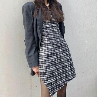 Plain Blazer / Spaghetti-strap Plaid Mini A-line Dress / Tights